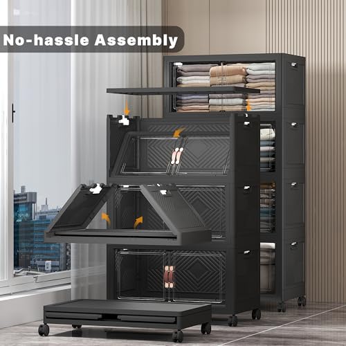 UAMFURI Stackable Storage Bins, 480QT Collapsible Drawers with 1 Lid | Large Capacity, Magnetic Door, Stack Lock, Rolling Wheels, Foldable Design, Organizers and Storage for Bedroom Dorm Garage - color: Dark-112QT, size: 4Pack with 1 top lid