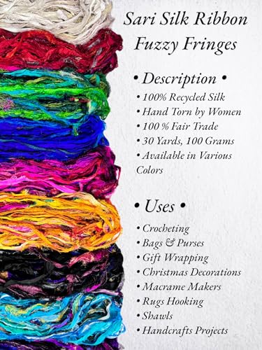 Maker's Craft Recycled Fuzzy Fringes Sari Silk Ribbon Yarn 35yards, 100Grams for DIY Knitting Crocheting Gift Wrapping, Christmas Decoration, Macrame Makers, Jewelry Making, Rugs Hooking (Yellow) - color: Yellow