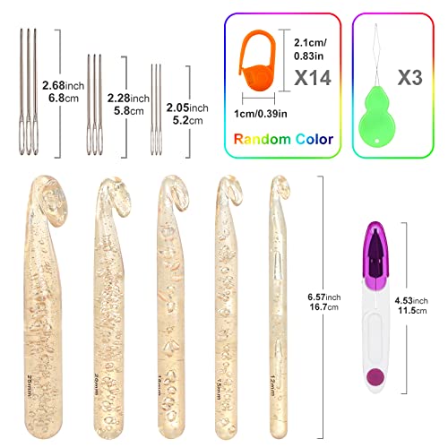 Vodiye 5 Sizes Large Crochet Hooks 12mm-25mm, Ergonomic Crochet Hook Set, Transparent Hooks for Chunky Yarn and DIY Crafts - size: 5 Size(12.0-25.0mm)