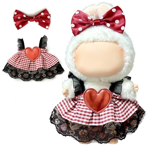 Doll Clothes for Labubu 15cm/17cm Dolls,Outfit for Labubu,Dress and Hairpin Set for Labubu Dolls Cute Stylish Dress Up Set(NO Doll) - color: Red-white Gingham