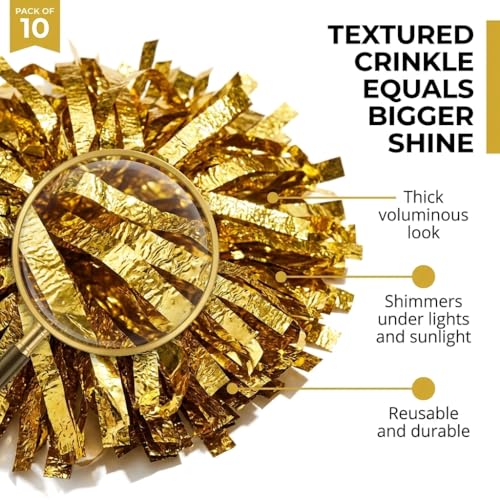 Anderson's Metallic Gold Foil Textured Cheerleader Pom Poms- Pack of 10 | Anderson's Metallic Pom Pom School Spirit Shakers, Football, Basketball, Homecoming, Team Party, Dance Performance - color: Gold