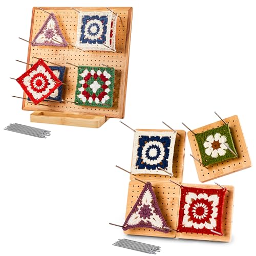 [Oakwooma] Crochet Blocking Board Combo Set, 11.8" Bamboo Board with 20 Pins & 4-Pack 4.7" Assembleable Blocking Boards with 25 Pins, 45 Steel Pegs Total for Granny Square Knitting and Crocheting