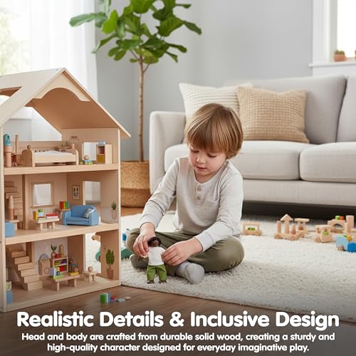 PlanToys® Father Dollhouse Wooden Figurine Poseable 1:12 Scale 5-Inch Doll | dad character, doll house people accessories, bendable arms, kids pretend play, girls storytelling gift ages 3+ for boys - color: African American Dad