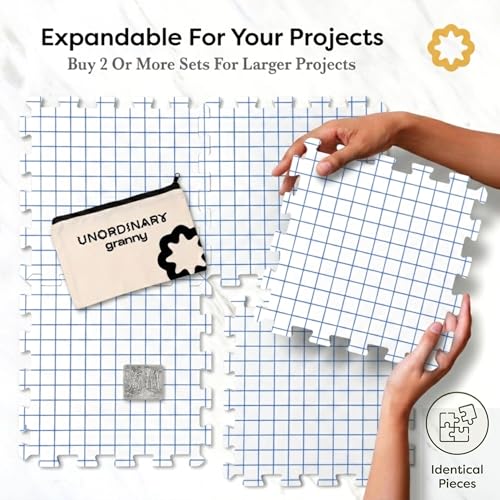 Unordinary Granny® Crochet Blocking Set-9Pc Extra Thick 12x12 Interlocking EVA Foam Mats with Grid, 150 T-Pins, Felt Storage Bag and Cotton Pouch, Soft White - color: Soft White