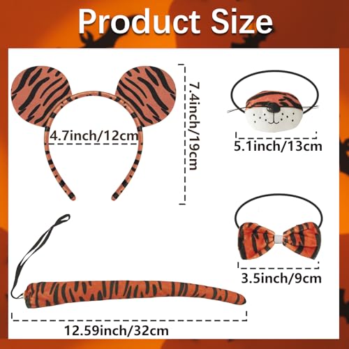 4 Pieces Tiger Ears Tail Costume Accessories Set – Plush Tiger Ears Headband, Tail, Bow Tie, and Nose for Kids and Adults, Jungle Safari Party, Halloween Dress-Up, Cosplay, and School Plays