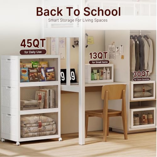UAMFURI 720QT Stackable Storage Bins with Lids, Storage Cabinet with Wheels | Lockable Storage Bins with Clear Doors Heavy Duty Closet Organizer Extra Large Collapsible Plastic Storage Box for Dorm Home - color: White-180QT, size: 4Pack with 1 top lid