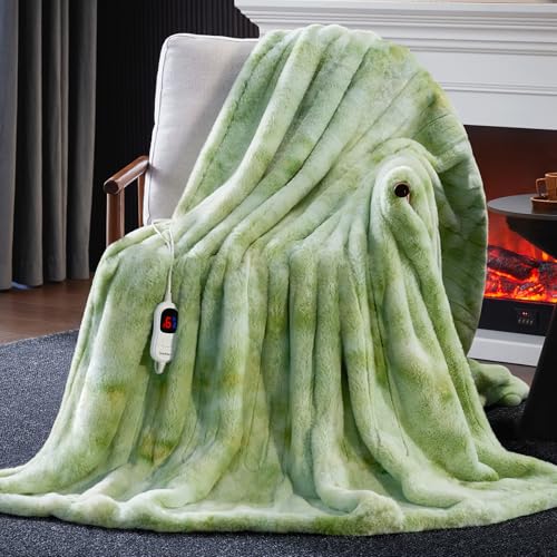 Guohaoi Heated Blanket, Soft Faux Rabbit Fur Electric Throw, 62"×84" | Electric Blanket with 10 Heating Levels 5 Setting Timer Auto Off, Cozy Warm Heating Blankets, Machine Washable, LightGreen - color: Light Green, size: 62''*84''