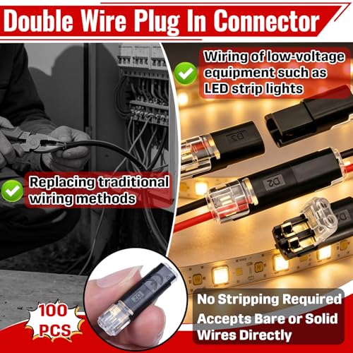 100 Pcs 2-Pin Wire Connectors, Locking Buckle, No Stripping, For LED Lights | Accepts Bare/Solid Wires, Low-Voltage DIY Use, Finger-Press Snap Closure, Steady Dual-Wire Contact