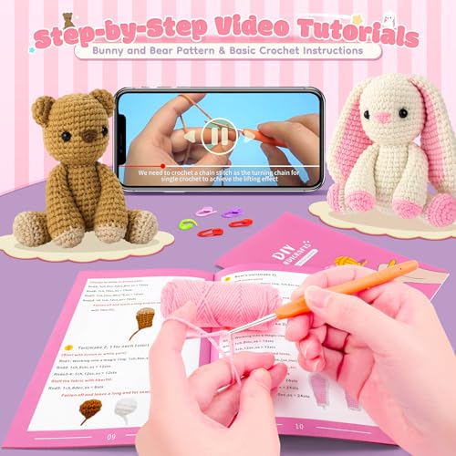 Bunny and Bear Crochet Kit for Beginners 2PCS Crochet Starter Kit for Adult | Beginner Crochet Kit with Step-by-Step Video Tutorials, Bunny Crocheting Kit, Animal Knitting Kit for Birthday - color: Pink Rabbit Brown Bear