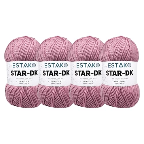 Estako Star-DK Soft Yarn for Crocheting, DK Weight 3, 4-Pack, Rose | 75% acrylic 25% wool, 4 skeins, 400 g, 1224 yds, amigurumi, granny squares, socks, beanies, mittens, plush toys - color: 33142 - Rose, size: Pack of Four