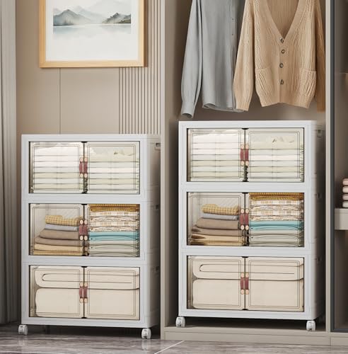 UAMFURI Stackable Storage Bins, 672QT Collapsible Drawers with 2 Lids | Large Capacity, Magnetic Door, Stack Lock, Rolling Wheels, Foldable Design, Organizers and Storage for Bedroom Dorm Garage - color: White-112qt, size: 6Pack with 2 top lids