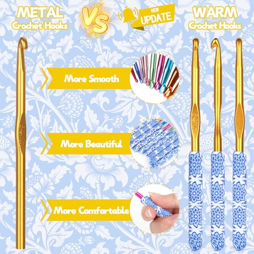 Coopay Warm Crochet Hooks, Ergonomic Crochet Hook Set Soft Grip- Light Blue | 2.0mm-6.0mm Light Blue & White Porcelain Art Handle, Comfort Grip Needles Set for Beginners, Smooth Crochet Needles Set Gift - color: Light Blue & White Porcelain