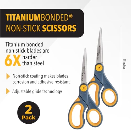 Westcott 8-Inch Non-Stick Titanium Scissors For Office and Home - Glide Adjust Technology - Grey/Yellow Craft, Fabric Scissors - 2 Pack - size: 8-inch (2-Pack)