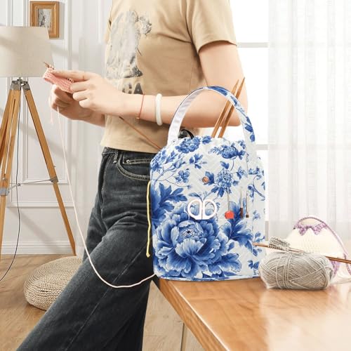 Blue White Peony Flower Butterfly Yarn Bag Small Crochet Bag Drawstring Yarn Storage Organizer Knitting Project Bags Potable Crochet Holder with Holes Handle Crocheting Needles Knitting - color: Blue and White Peony Flowers Leaf
