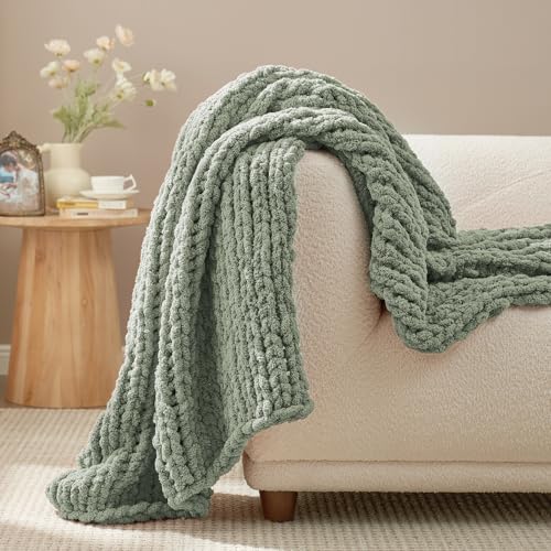 Chenille Chunky Knit Throw Blanket for Couch 50"x60", Sage Green | Handmade Chenille Crochet Throw for Sofa Bed, Thick Cable Knitted Blankets for Room Home Decor, Birthday Gift for Women - color: Sage Green, size: 50"x60"