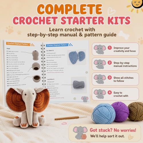 JYZJDKE Crochet Kit for Beginners Adults - DIY Amigurumi Elephant Knitting Starter Kit with Yarn Sets, Crochet Animal Kit Cute Stuffed Animal Craft Birthday Gifts (Beige White+Tiffany Green Elephant) - color: Beige White/Terracotta+Tiffany Green/Pink Elep