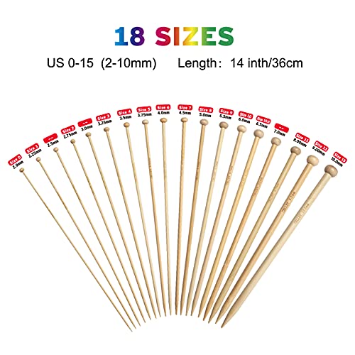 Bamboo Knitting Needles Set, 18 Pairs 14 Inch Long Wooden Knitting Needles for Beginners, US Size 0-15 (2.0-10.0mm) Single Point Straight Wood Needles for Sweaters, Socks, Shawl, Gloves and Scarf - color: White
