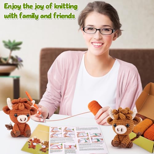 2PCS Highland Cow Crochet Kit for Beginners Crochet Starter Kit for Adults | Animals Crochet Kit with Step-by-Step Video Tutorials, Highland Cows Crocheting Kit, Animal Knitting Kit for Birthday - color: Brown Highland cow