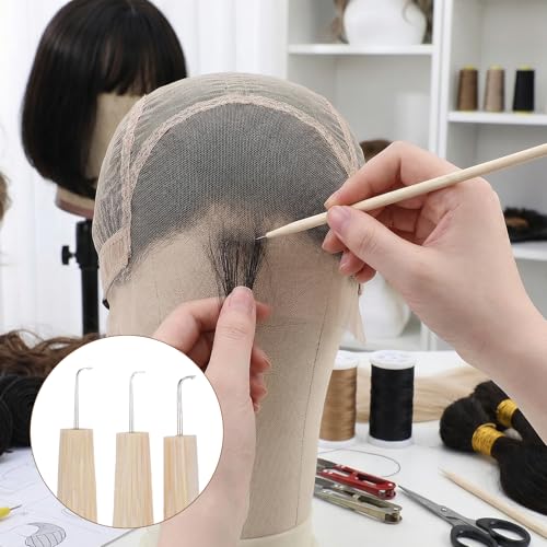 3 Pieces Wig Ventilating Needle, Professional Lace Wig Ventilating Needle Kit, 3 Sizes Wooden Handle Hook Needles for Wig Making, Repairing, Weaving, and Hair Extensions