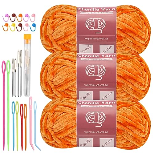 LUNARM Chenille Yarn 3 Pack 3.5oz Chunky Blanket Velvet Yarn 263 Yard | Orange Chunky Chenille Yarn for Beginners Crocheting Hand Knitting Scarves with Big Eye Needles Machine Washable - color: Orange