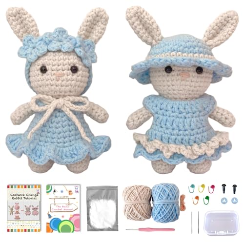LoopMap Amigurumi Crochet Kit for Beginners with Removable Dress & Video Tutorials, DIY Bunny Making Kit Includes Premium Yarn & Tools, Creative Gift for Adults Teens (Blue) - color: bunny-blue