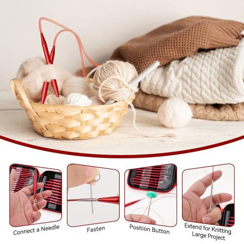 Interchangeable Knitting Needle Set with Circular Cable for Crafters, 13 Circular Knitting Needles with 4 Cables for Beginner, DIY Crafts, 3-10 mm Aluminum Red Needle Set