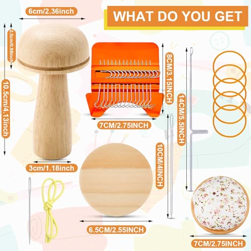 Jexine Mini Darning Mushroom for Socks 14 Hooks Small Speedweve Style Weaving Darning Loom with 9 Pcs Large Eye Needles 50 Colors Thread for Handcraft DIY Weaving Repair Tool(Bright Color) - color: Bright Color, size: 14 Hooks, style: Mushroom