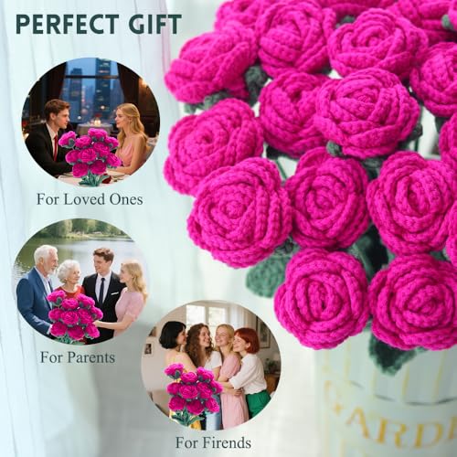 10PCS Hot Pink Crochet Roses | 16.1 in x 2.36in; wool yarn + thin iron wire stem; 100% hand crochet; vase filler, DIY wreath, bouquet, home decor, gift - color: Hot Pink