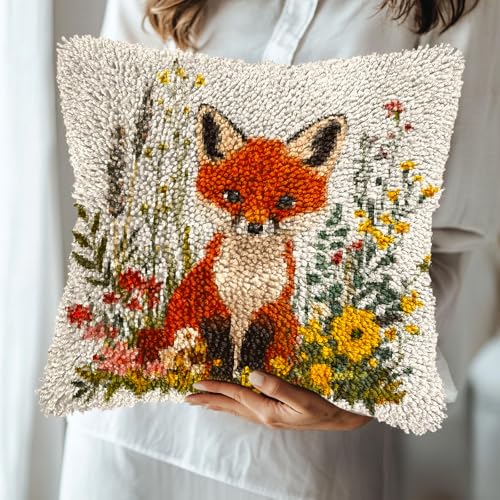 DIY Latch Hook Pillow Cover Kits Cute Red Fox in Flowers Stampled Handamade Pillowcase Crochet Yarn Hook and Latch Emboridery Throw Pillow for Home Sofa Decor 43x43cm(4)