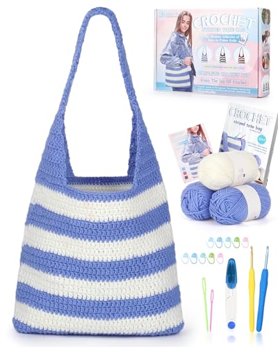 Katech Crochet Kit for Beginners w/Striped Tote Bag 3-1 Step-by-Step Guide | Tote Bag Crochets Kit clue Yarn Crochet Hooks for Adults Beginners Learn to Crocheting Crocheted Starter Kit Crocheter Gift - color: Blue White