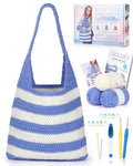 Katech Crochet Kit for Beginners w/Striped Tote Bag 3-1 Step-by-Step Guide | Tote Bag Crochets Kit clue Yarn Crochet Hooks for Adults Beginners Learn to Crocheting Crocheted Starter Kit Crocheter Gift - color: Blue White