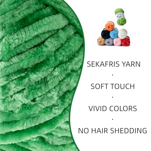Chenille Crochet Christmas Green Yarn 3 Pack | Fluffy Velvet Yarn Blanket Knitting Yarn for Crocheting Soft Baby Yarn - color: 3 Christmas Green
