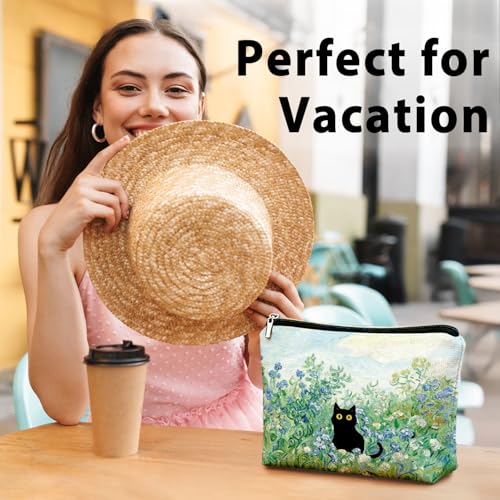 Cute Black Cat Blue Floral Makeup Bag, Kitty Cosmetic Zipper Travel Toiletry Bag for Traveling Women, Cute Black Cat Gifts for Women & Teen Girls, Cats Gifts Lovers - color: 02-Cat(08)-Blue Floral