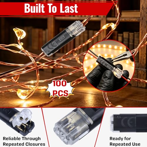 100 Pcs 2-Pin Wire Connectors, Locking Buckle, No Stripping, For LED Lights | Accepts Bare/Solid Wires, Low-Voltage DIY Use, Finger-Press Snap Closure, Steady Dual-Wire Contact