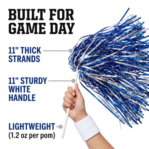 Metallic Blue & Silver Foil Textured Cheerleader Pom Poms- Pack of 10 | Anderson's Metallic Pom Pom School Spirit Shakers, Football, Basketball, Homecoming, Team Party, Performance, Fan Celebration - color: Blue & Silver Foil