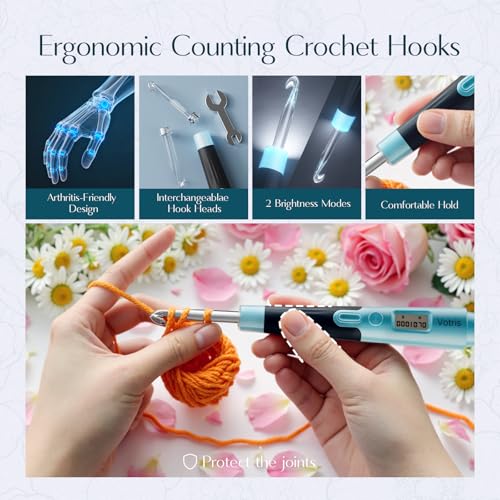 Votris 18 in 1 Counting Crochet Hooks, Light up Crochet Hook Set | Digital Stitch Counter 2.0-14.0mm, Rechargeable & Interchangeable Heads Lighted Crochet Hook, Ergonomic Handles for Beginner - color: Mint Green with Counter