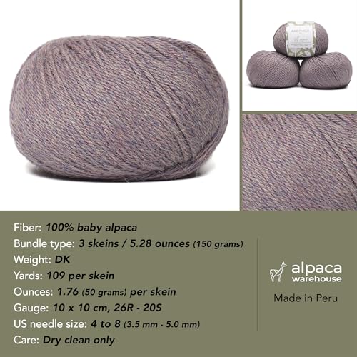100% Baby Alpaca Yarn 3 Skeins 150g DK Weight Knitting Crochet H. Lilac | Made in Peru with natural warmth and softness featuring 327yd of premium fiber ideal for scarves shawls sweaters and more - color: Heather Lilac, size: DK