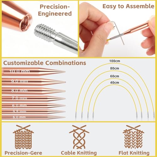 Interchangeable Circular Knitting Needles Set, 13 Pairs (26pcs) Rose Gold Aluminum Knitting Needles Kit, Sizes 3.0mm–10.0mm, Knitting Needle Case & Accessories for Knitting Beginners & Advanced - color: Rose Gold