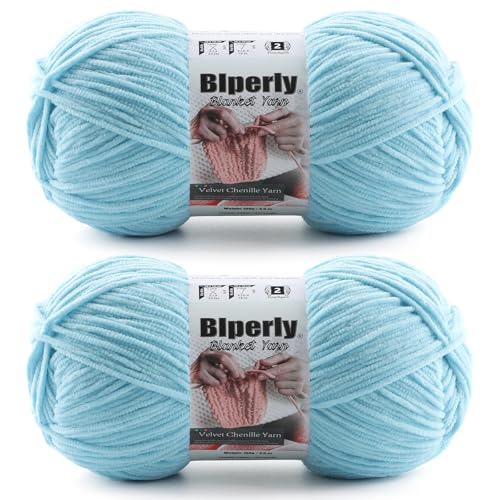 Skinny Chenille Yarn for Crocheting, #2 Blue Soft Baby Blanket Fluffy Yarn | 2 Pack of 314 Yds, 3.5 Oz Sport Fingering Weight Fine Yarn, Plush Thin Velvet Yarn for knitting Blankets, Amigurumi Yarns - color: Sky Blue