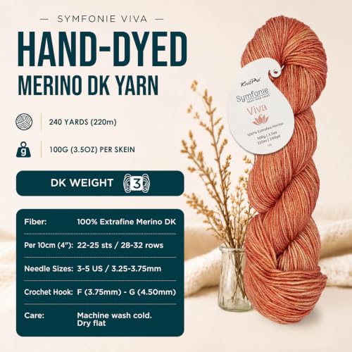 KnitPro Symfonie DK Weight Merino Wool Yarn 240yds, 100g, Apricot | 100% Extrafine Merino, Hand Dyed, OEKO-TEX Certified, Superwash, Colorfast, #3 Yarn Skein for Knitting & Crochet - color: Apricot