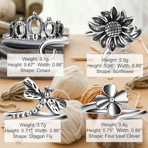 4 PCS Crochet Rings for Fingers Butterfly Flower Crown Bow Knot Sunflower Adjustable Yarn Tension Ring Knitting Accessories Crochet Gifts for Crocheters - color: Nature's Luck Crochet Rings Set