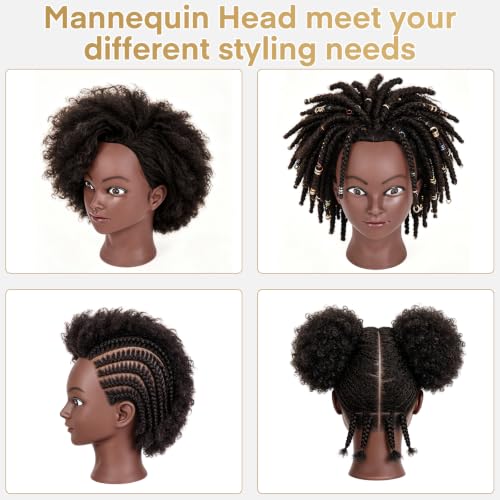 Afro 100% Human hair Mannequin Head,10''Curly Full Real Hair Mannequin Head,Cosmetology Mannequin Doll Head Styling,Manikin Head Hairs Braiding DIY Styling with Clamp Holder Set（10 Inch Dark Brown） - color: 10 Inch Dark Brown