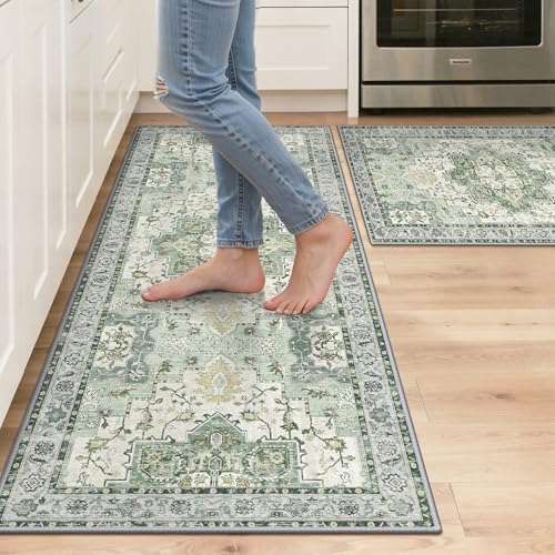 GENIMO Kitchen Rugs Set of 2, Washable Non Slip Cushioned Mats for Floor | 20"x32"&20"x48", Green vintage boho rug, soft faux cashmere, low pile, easy-clean for laundry, entryway, sink, farmhouse - color: Light Green, size: 20"x32"+20"x48"