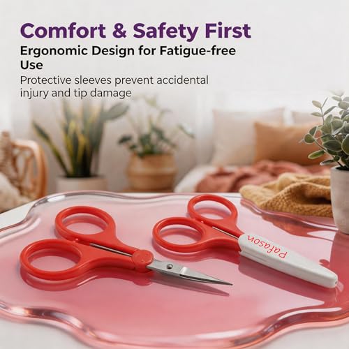PAFASON Small Travel Sewing Crafting Scissors Set Straight Curved Tip | Stainless Steel for Quilting DIY Knitting Embroidery Cross Stitch Crochet Thread Yarn Paper Detail Cutting Safety Case - color: Curved 3.5in Red + Straight 4in Purple