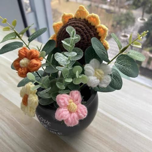 Crochet Flowers Bouquet, Handmade Knitted Bouquet, Crochet Flower Kit Knitted Fake Sunflower Daisy, Gift for Mother Wife on Birthday Anniversary (01Cappuccino Color) - color: 01cappuccino Color