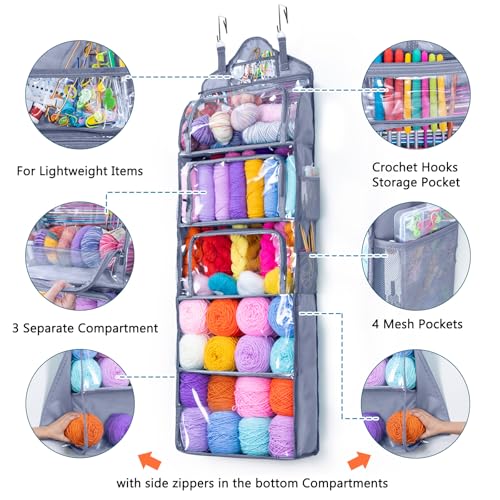 MYBAGZING Hanging Yarn Storage Organizer –Over-the-Door Crochet Organizer with Both Front and Side Zipper Closure -Large Capacity Clear Yarn Holder for Crochet Hooks, Knitting Needles & Accessories - color: Grey