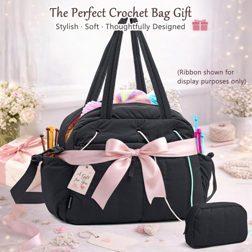 MYBAGZING Stylish Crochet Bag Organizer with Crochet Hook Case, Large Capacity Yarn Bag for Crocheting on the Go, Soft Quilted Crochet Tote with 7 Compartments, Knitting Project Carry-On Travel Gift - color: Black