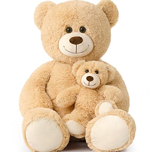 Tezituor Big Teddy Bear with Baby, 39 inch Large Mommy Teddy Bear with Baby, Giant Stuffed Bear for Kids, Girlfriend on Mother's Day, Valentine, Christmas, Baby Shower, Light Brown - color: Light Brown