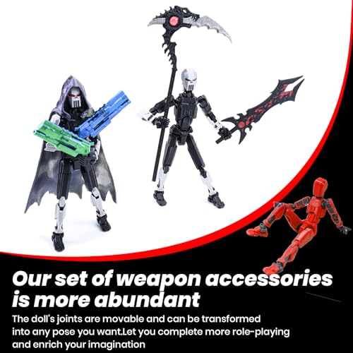 T13 3D Printed Action Figure Set, Articulated Poseable Robot with Death Scythe, Cape and Weapon Accessories, Pre-Assembled for Stop Motion.Dummy 13 (Gray-Black) - color: Gray Black
