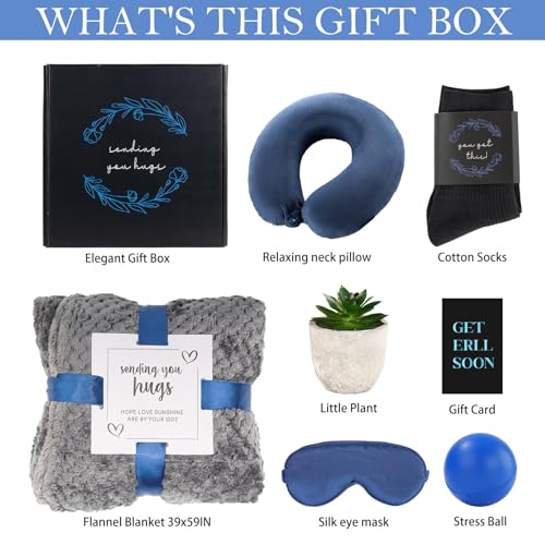 Get Well Gifts For Men,Care Package For Men, Get Well Soon Gift Basket | Cozy Blanket, Memory Foam Pillow, Stress Ball, Socks, Eye Mask, Thinking Of You Greeting Card, Plant, Dad, Husband, Brother - style: Men Package